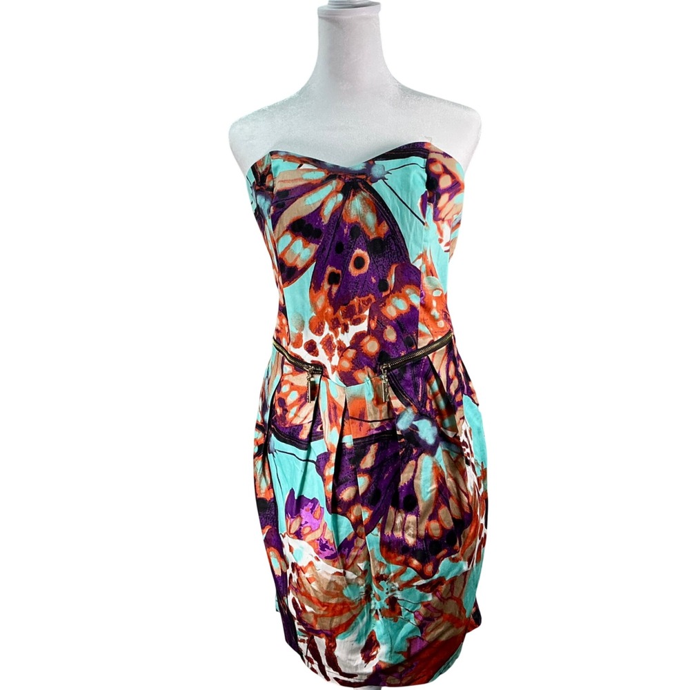 Vintage Baby Phat Butterfly Print Strapless Mini Dress Teal Purple Womens 14 Y2K